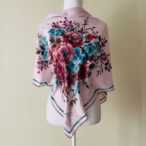 Floral Silk Like Scarf with Pink and Blue Accents EUC